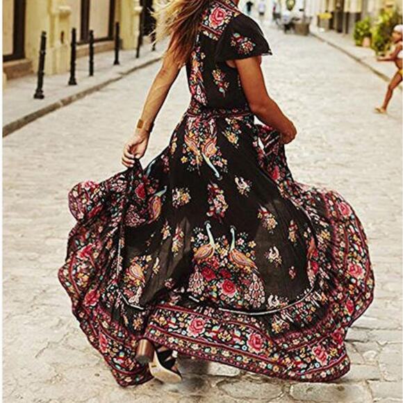 Women's Small Boho Peacock Floral V Neck Hi Low Ruffle Button Down Maxi Dress - Picture 1 of 16